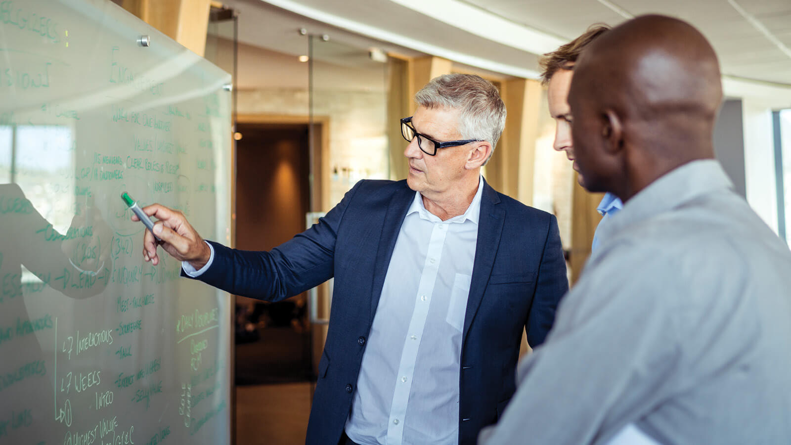 Colleagues plan at a whiteboard