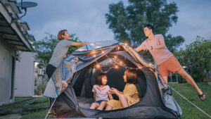 family camping in back yard