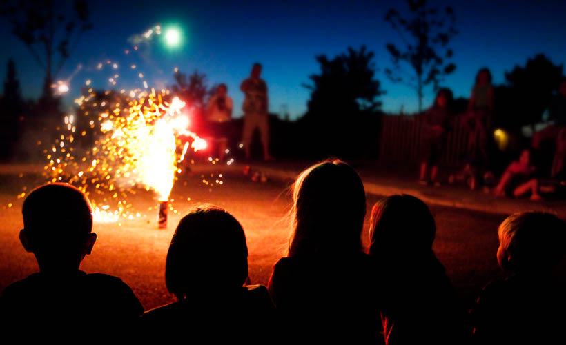 A group of people view a firework displaying colorful sparks.