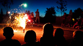 A group of people view a firework displaying colorful sparks.