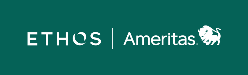 The logo of Ethos on the left hand side with Ameritas’ logo featuring a bison on the right hand side on a green background.