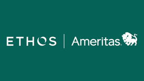 The logo of Ethos on the left hand side with Ameritas’ logo featuring a bison on the right hand side on a green background.