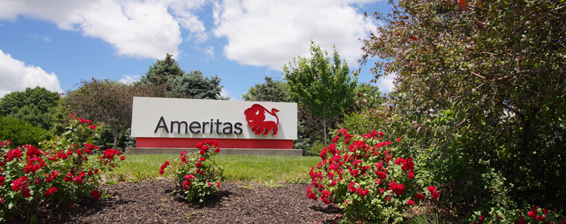 The outside of the Ameritas home office featuring the prominent Ameritas logo of a bison.