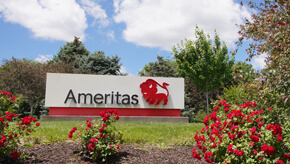 The outside of the Ameritas home office featuring the prominent Ameritas logo of a bison.