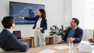 Woman pointing to screen showing graph lines.