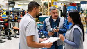 A small business owner talks with his key employees about available inventory in his hardware store.