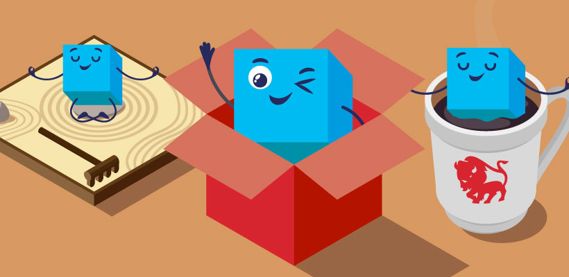 Blue cube character waving and winking from inside an open red box.