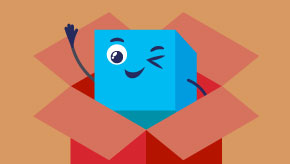 Blue cube character waving and winking from inside an open red box.